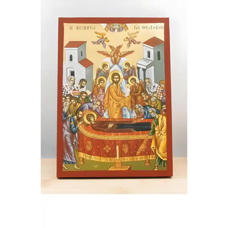 Εικόνα Ορθοδοξίας με περίγραμμα χρυσό σε ξύλο Φλαμουρίας  με  βάση Η Κοίμηση της Θεοτόκου με τον Ιησού, Ξύλινη Χειροποίητη Εικόνα με Ψηφιακή Εκτύπωση Ελληνικό Premium Βυζαντινού Στυλ Κρεμαστό τοίχου Θρησκευτικό Θέμα Χειροποίητη Ελληνορθόδοξη εικόνα του Ιη