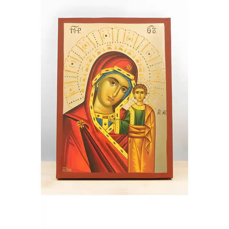 Εικόνα Ορθοδοξίας με περίγραμμα χρυσό σε ξύλο Φλαμουρίας  με  βάση Παναγία του Καζάν με τον Ιησού, Ξύλινη Χειροποίητη Εικόνα με Φύλλο Χρυσού Ελληνικού Premium Βυζαντινού Στυλ Κρεμαστό στον τοίχο Θρησκευτικό θέμα Χειροποίητη Ελληνορθόδοξη εικόνα του Ιησού