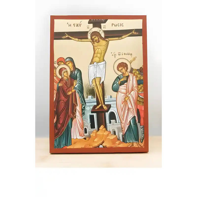 Εικόνα Ορθοδοξίας με περίγραμμα χρυσό σε ξύλο Φλαμουρίας  με  βάση Η Σταύρωση και ο Θάνατος του Ιησού Χριστού, Ξύλινη Χειροποίητη Εικόνα μεΨηφιακή Εκτύπωση Ελληνικού Βυζαντινού Στυλ Κρεμασμένο σε ξύλινη πλάκα Χειροποίητη Ελληνορθόδοξη εικόνα του Ιησού Χρι