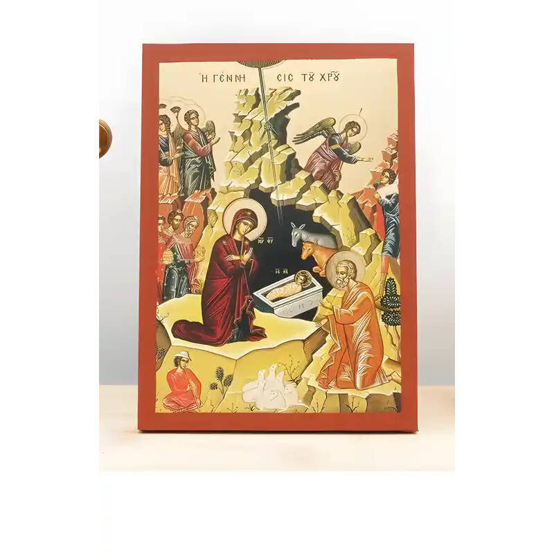 Εικόνα Ορθοδοξίας με περίγραμμα χρυσό σε ξύλο Φλαμουρίας  με  βάση Γένεση του Ιησού Χριστού, Ξύλινη Χειροποίητη Εικόνα μεΨηφιακή Εκτύπωση Ελληνικού Premium Βυζαντινού Στυλ Κρεμασμένο σε ξύλινη πλάκα Θρησκευτικό Χειροποίητη Ελληνορθόδοξη εικόνα του Ιησού Χ