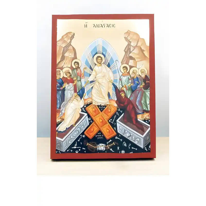 Εικόνα Ορθοδοξίας με περίγραμμα χρυσό σε ξύλο Φλαμουρίας  με  βάση Ανάσταση του Ιησού Χριστού, Ξύλινη Χειροποίητη Εικόνα με Φύλλο Χρυσού Τοίχου Ελληνικού Premium Βυζαντινού Στυλ Κρεμασμένο σε ξύλινη πλάκα Θρησκευτικό Χειροποίητη Ελληνορθόδοξη εικόνα του Ι