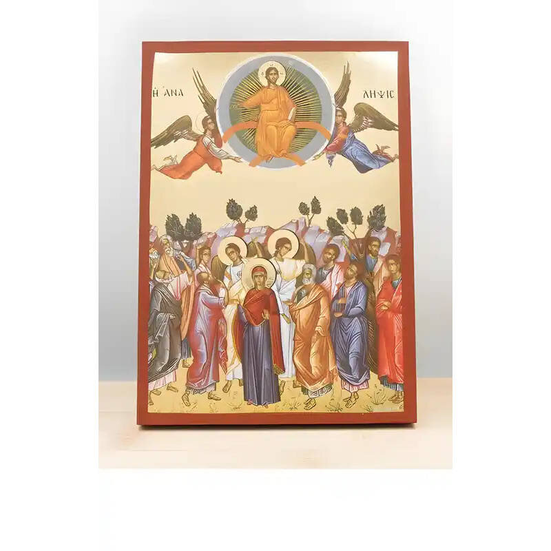 Εικόνα Ορθοδοξίας με περίγραμμα χρυσό σε ξύλο Φλαμουρίας  με  βάση Ανάληψη του Ιησού Χριστού στους Ουρανούς, Ξύλινη Χειροποίητη Εικόνα μεΨηφιακή Εκτύπωση Ελληνικού Premium Βυζαντινού Στυλ Κρεμασμένο σε ξύλινη πλάκα Χειροποίητη Ελληνορθόδοξη εικόνα του Ιησ