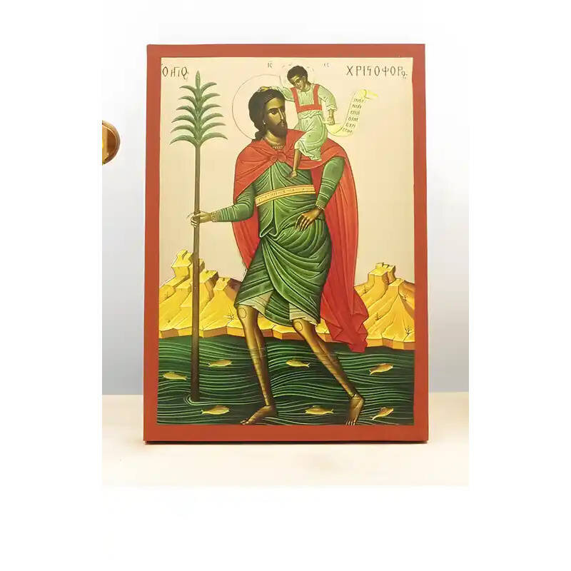 Εικόνα Ορθοδοξίας με περίγραμμα χρυσό σε ξύλο Φλαμουρίας  με  βάση Άγιος Χριστόφορος με τον Ιησού Χριστό, Ξύλινη Χειροποίητη Εικόνα μεΨηφιακή Εκτύπωση Ελληνικό Premium Βυζαντινού Στυλ Κρεμαστό τοίχου Θρησκευτικό Θέμα Χειροποίητη Ελληνορθόδοξη εικόνα του Ι