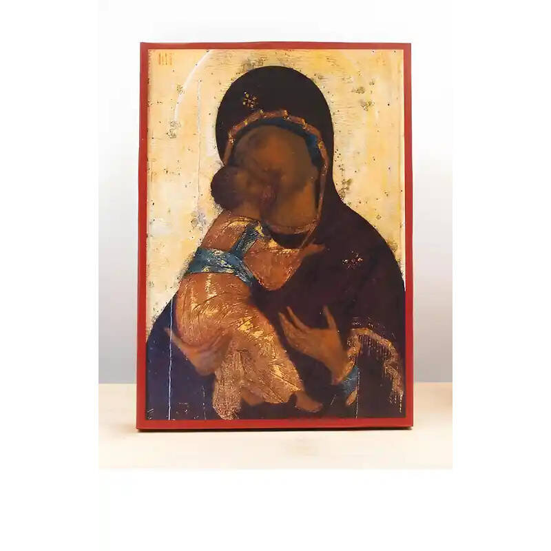 Εικόνα Ορθοδοξίας με περίγραμμα χρυσό σε ξύλο Φλαμουρίας  με  βάση Παναγία του Βλαδίμηρου με τον Ιησού Παλιάς τεχνοτροπίας, Ξύλινη Χειροποίητη Εικόνα Ελληνικής Κορυφαίας Βυζαντινής Στυλ Κρεμασμένη σε ξύλινη πλάκα Θρησκευτικό Χειροποίητη Ελληνορθόδοξη εικό