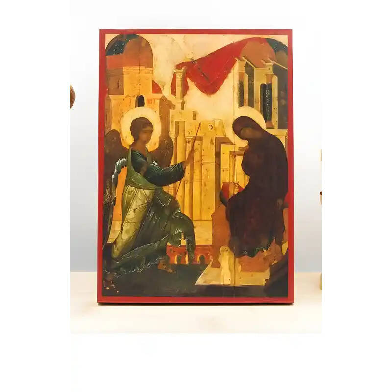 Εικόνα Ορθοδοξίας με περίγραμμα χρυσό σε ξύλο Φλαμουρίας  με  βάση Ο Ευαγγελισμός της Θεοτόκου Παλιάς τεχνοτροπίας, Ξύλινη Χειροποίητη Εικόνα Ελληνικού Premium Βυζαντινού Στυλ Κρεμαστή σε ξύλινη πλάκα Θρησκευτικό θέμα Χειροποίητη Ελληνορθόδοξη εικόνα του