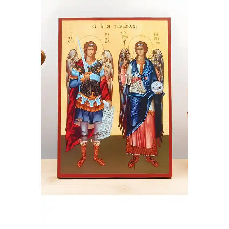 Εικόνα Ορθοδοξίας με περίγραμμα χρυσό σε ξύλο Φλαμουρίας  με  βάση Αρχάγγελοι Μιχαήλ και Γαβριήλ "Ταξιάρχες", Ξύλινη Χειροποίητη Εικόνα Ελληνικού Βυζαντινού Στυλ Κρεμαστή σε Ξύλινη Πλάκα Θρησκευτικό Θέμα Χειροποίητη Ελληνορθόδοξη εικόνα του Ιησού Χριστού,