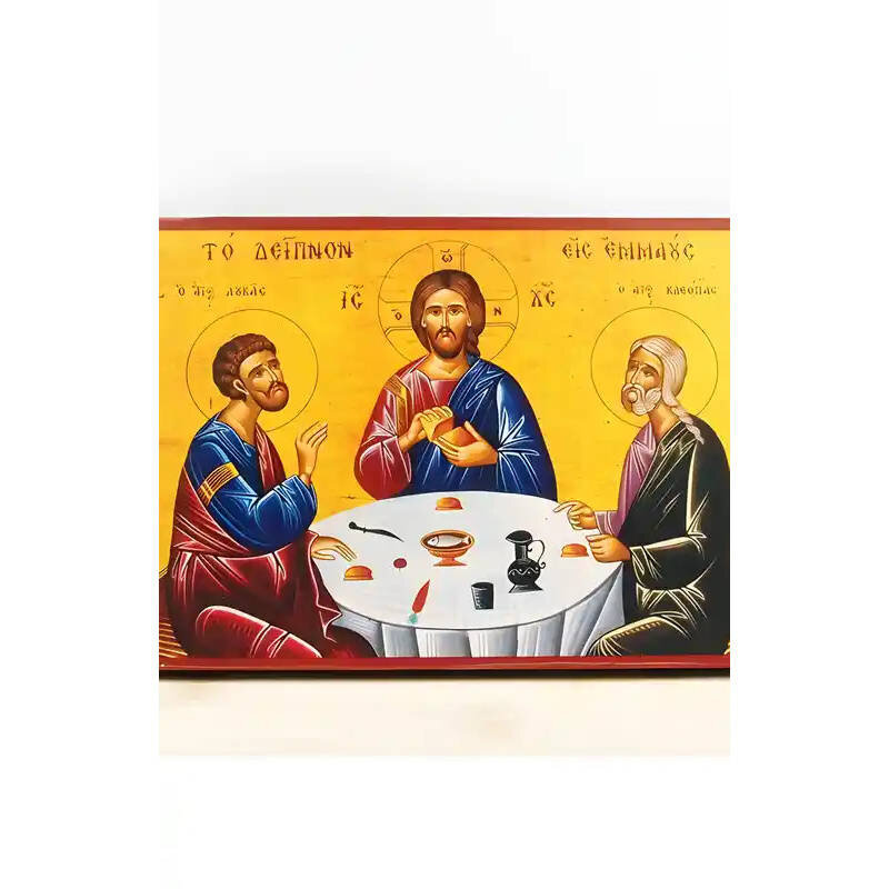 Εικόνα Ορθοδοξίας με περίγραμμα χρυσό σε ξύλο Φλαμουρίας  με  βάση Ιησούς Χριστός Το Δείπνο στο Εμμαούς, Ξύλινη Χειροποίητη Εικόνα Ελληνικού Βυζαντινού Στυλ τοίχου Κρεμασμένη σε ξύλινη πλάκα Ορθόδοξο θρησκευτικό θέμα Χειροποίητη Ελληνορθόδοξη εικόνα του Ι