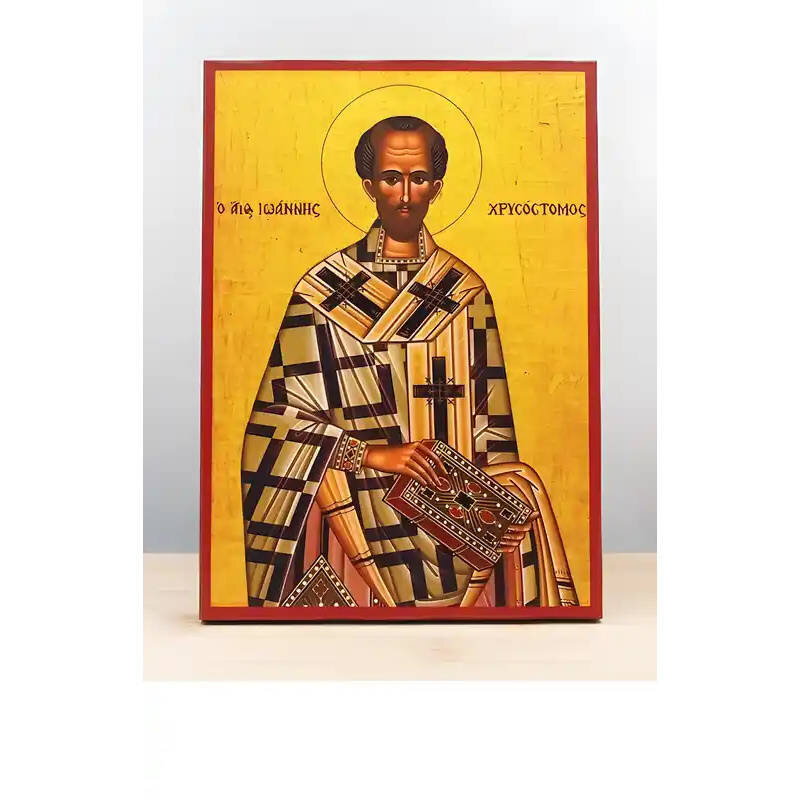 Εικόνα Ορθοδοξίας με περίγραμμα χρυσό σε ξύλο Φλαμουρίας  με  βάση Άγιος Ιωάννης ο Χρυσόστομος, Ξύλινη Χειροποίητη Εικόνα Ελληνικής Premium Βυζαντινού Στυλ Κρεμαστή σε ξύλινη πλάκα Χειροποίητη Ελληνορθόδοξη εικόνα του Ιησού Χριστού, Κρεμαστή πλάκα βυζαντι