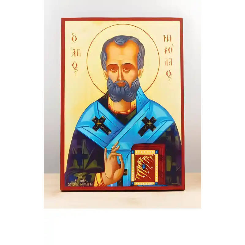 Εικόνα Ορθοδοξίας με περίγραμμα χρυσό σε ξύλο Φλαμουρίας  με  βάση Άγιος Νικόλαος των Μύρων, Ξύλινη Χειροποίητη Εικόνα Ελληνικού Premium Βυζαντινού Στυλ τοίχου Κρεμασμένη σε ξύλινη πλάκα Θρησκευτικό θέμα Μπλε πανί Χειροποίητη Ελληνορθόδοξη εικόνα του Ιησο