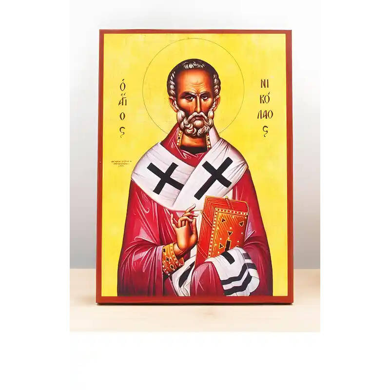 Εικόνα Ορθοδοξίας με περίγραμμα χρυσό σε ξύλο Φλαμουρίας  με  βάση Άγιος Νικόλαος των Μύρων, Ξύλινη Χειροποίητη Εικόνα Ελληνικού Premium Βυζαντινού Στυλ Κρεμασμένο σε ξύλινη πλάκα Θρησκευτικό Κόκκινο Πανί Χειροποίητη Ελληνορθόδοξη εικόνα του Ιησού Χριστού