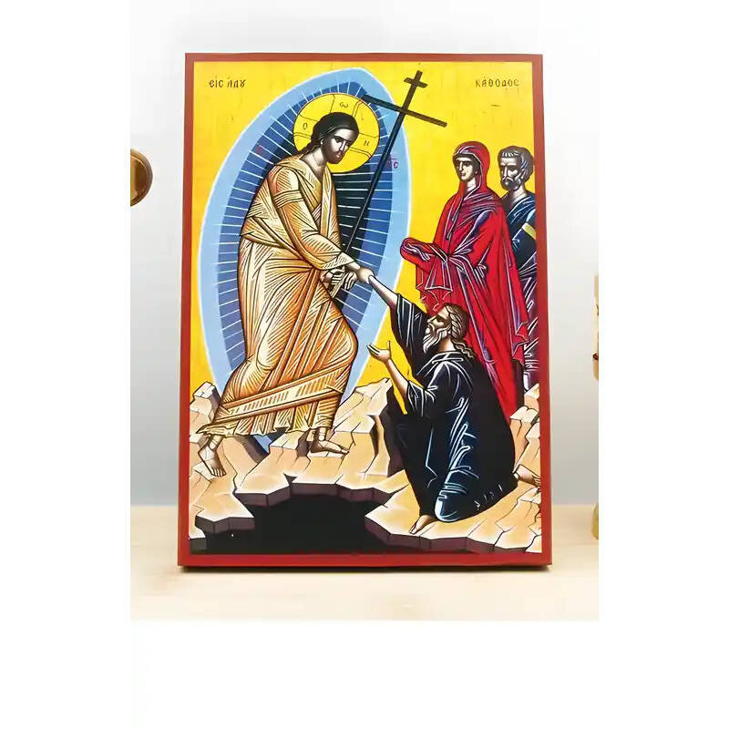 Εικόνα Ορθοδοξίας με περίγραμμα χρυσό σε ξύλο Φλαμουρίας  με  βάση Ο Ιησούς Χριστός Κάθοδος στην Κόλαση, Ξύλινη Χειροποίητη Εικόνα Ελληνικού Premium Βυζαντινού Στυλ τοίχου Κρεμασμένη σε ξύλινη πλάκα Ορθόδοξο θρησκευτικό θέμα Χειροποίητη Ελληνορθόδοξη εικό