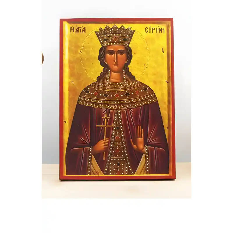 Εικόνα Ορθοδοξίας με περίγραμμα χρυσό σε ξύλο Φλαμουρίας  με  βάση Αγία Ειρήνη η Μεγαλομάρτυς, Ξύλινη Χειροποίητη Εικόνα Ελληνικής Κορυφαίας Βυζαντινής Στυλ Κρεμασμένη σε ξύλινη πλάκα Χειροποίητη Ελληνορθόδοξη εικόνα του Ιησού Χριστού, Κρεμαστή πλάκα βυζα