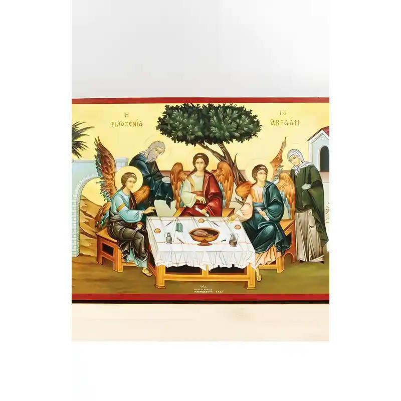 Εικόνα Ορθοδοξίας με περίγραμμα χρυσό σε ξύλο Φλαμουρίας  με  βάση Η Φιλοξενία του Αβραάμ και της Σάρας, Ξύλινη Χειροποίητη Εικόνα Ελληνικού Βυζαντινού Στυλ τοίχου που κρέμεται σε ξύλινη πλάκα Θρησκευτικό θέμα Χειροποίητη Ελληνορθόδοξη εικόνα του Ιησού Χρ