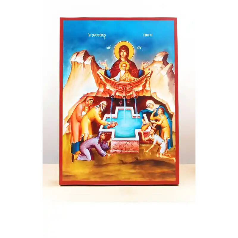 Εικόνα Ορθοδοξίας με περίγραμμα χρυσό σε ξύλο Φλαμουρίας  με  βάση Παναγία η Ζωοδόχος Πηγή με τον Ιησού Μπλε, Ξύλινη Χειροποίητη Εικόνα Ελληνικού Premium Βυζαντινού Στυλ Κρεμασμένο σε Ξυλόπλακα Θρησκευτικό Χειροποίητη Ελληνορθόδοξη εικόνα του Ιησού Χριστο