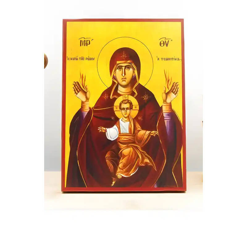 Εικόνα Ορθοδοξίας με περίγραμμα χρυσό σε ξύλο Φλαμουρίας  με  βάση Παναγία η Παναγία Τσαμπίκα η Κυρία της Ρόδου με τον Ιησού, Ξύλινη Χειροποίητη Εικόνα Ελληνικού Βυζαντινού Στυλ υψηλής ποιότητας Κρεμασμένη σε ξύλινη πλάκα Χειροποίητη Ελληνορθόδοξη εικόνα