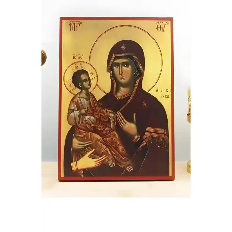 Εικόνα Ορθοδοξίας με περίγραμμα χρυσό σε ξύλο Φλαμουρίας  με  βάση Παναγία η Τριξερούσα με τον Ιησού, Ξύλινη Χειροποίητη Εικόνα Ελληνικής Βυζαντινής Τεχνοτροπίας Κρεμασμένη σε ξύλινη πλάκα Χειροποίητη Ελληνορθόδοξη εικόνα του Ιησού Χριστού, Κρεμαστή πλάκα