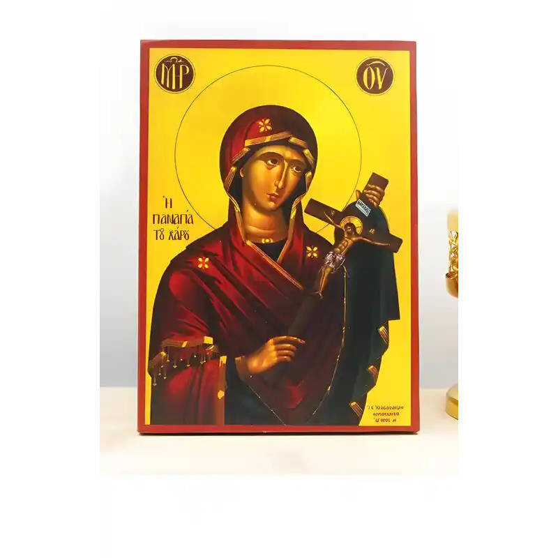 Εικόνα Ορθοδοξίας με περίγραμμα χρυσό σε ξύλο Φλαμουρίας  με  βάση Παναγία του Χάρου με τον Ιησού Εσταυρωμένο, Ξύλινη Χειροποίητη Εικόνα Ελληνικού Premium Βυζαντινού Στυλ τοίχου Κρεμασμένη σε ξύλινη πλάκα Θρησκευτικό Χειροποίητη Ελληνορθόδοξη εικόνα του Ι