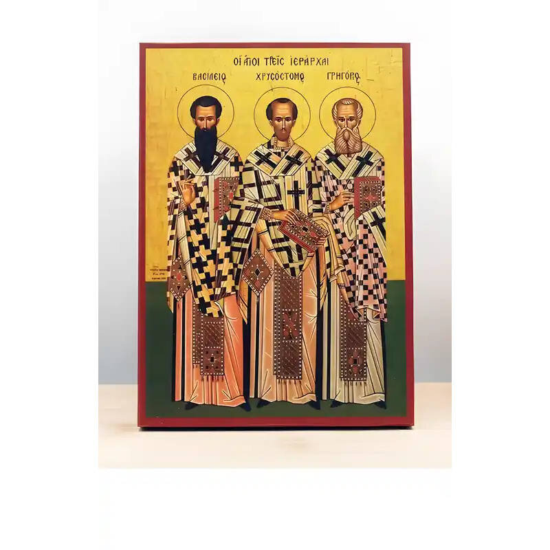 Εικόνα Ορθοδοξίας με περίγραμμα χρυσό σε ξύλο Φλαμουρίας  με  βάση Άγιοι Τρεις Ιεράρχες Πατέρες της Εκκλησίας, Ξύλινη Χειροποίητη Εικόνα Ελληνικού Βυζαντινού Στυλ υψηλής ποιότητας Κρεμασμένη σε ξύλινη πλάκα Χειροποίητη Ελληνορθόδοξη εικόνα του Ιησού Χριστ