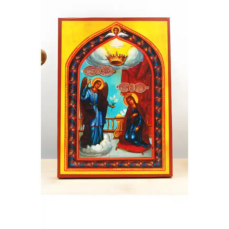 Εικόνα Ορθοδοξίας με περίγραμμα χρυσό σε ξύλο Φλαμουρίας  με  βάση Ο Ευαγγελισμός της Θεοτόκου "Κυρά της Τήνου", Ξύλινη Χειροποίητη Εικόνα Ελληνικής Premium Βυζαντινού Στυλ Κρεμαστή σε Ξύλινη Πλάκα Θρησκευτικό Χειροποίητη Ελληνορθόδοξη εικόνα του Ιησού Χρ