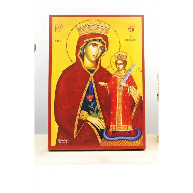 Εικόνα Ορθοδοξίας με περίγραμμα χρυσό σε ξύλο Φλαμουρίας  με  βάση Η Παναγία η Αμάρανθος Τριαντάφυλλο με τον Ιησού, Ξύλινη Χειροποίητη Εικόνα Ελληνικού Premium Βυζαντινού Στυλ τοίχου Κρεμασμένη σε Ξύλινη Πλάκα Θρησκευτικό Χειροποίητη Ελληνορθόδοξη εικόνα