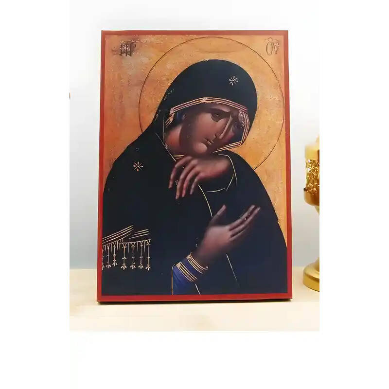 Εικόνα Ορθοδοξίας με περίγραμμα χρυσό σε ξύλο Φλαμουρίας  με  βάση Η Παναγία στο Θρήνο, Ξύλινη Χειροποίητη Εικόνα Ελληνικού Premium Βυζαντινού Στυλ Κρεμασμένο σε ξύλινη πλάκα Θρησκευτικό θέμα Χειροποίητη Ελληνορθόδοξη εικόνα του Ιησού Χριστού, Κρεμαστή πλ