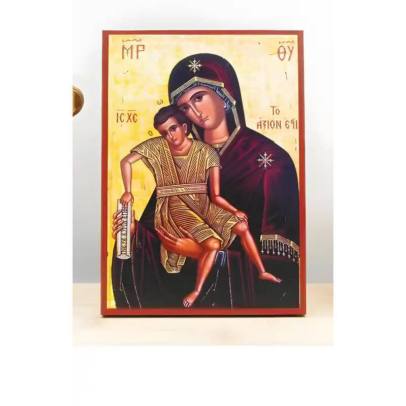 Εικόνα Ορθοδοξίας με περίγραμμα χρυσό σε ξύλο Φλαμουρίας  με  βάση Παναγία Άξιον Εστί με τον Ιησού, Ξύλινη Χειροποίητη Εικόνα Ελληνικού Βυζαντινού Στυλ Κρεμασμένη σε ξύλινη πλάκα Χειροποίητη Ελληνορθόδοξη εικόνα του Ιησού Χριστού, Κρεμαστή πλάκα βυζαντινή