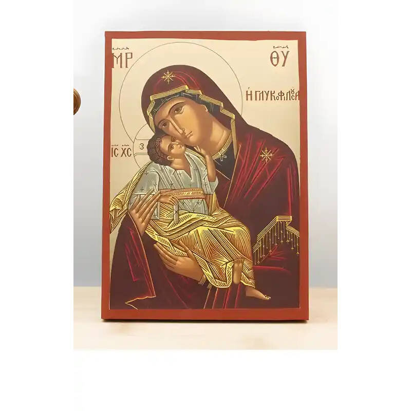 Εικόνα Ορθοδοξίας με περίγραμμα χρυσό σε ξύλο Φλαμουρίας  με  βάση Παναγία Γλυκό Φιλί «Γλυκοφιλούσα» με τον Ιησού, Ξύλινη Χειροποίητη Εικόνα με Ψηφιακή Εκτύπωση Ελληνικό Premium Βυζαντινό Στυλ Επιτοίχιο Θρησκευτικό Χειροποίητη Ελληνορθόδοξη εικόνα του Ιησ