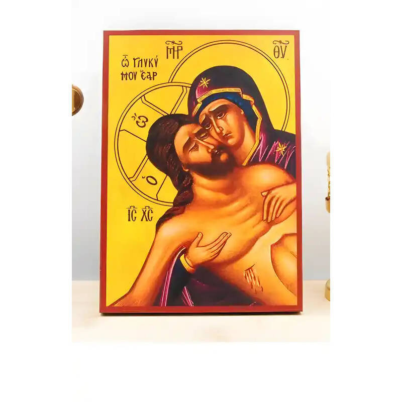 Εικόνα Ορθοδοξίας με περίγραμμα χρυσό σε ξύλο Φλαμουρίας  με  βάση Εξαιρετική Ταπεινοφροσύνη του Ιησού Χριστού «Άνθρωπος των Θλίψεων» με την Παναγία, Ξύλινη Χειροποίητη Εικόνα Ελληνικής Βυζαντινής Στυλ Κρεμάστρα τοίχου Χειροποίητη Ελληνορθόδοξη εικόνα του