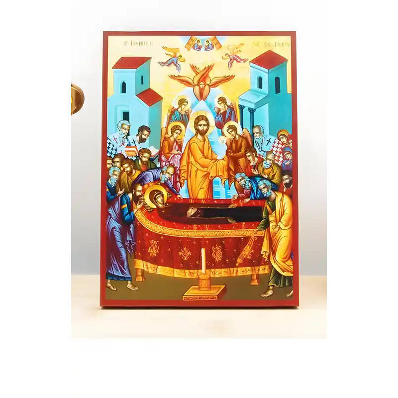 Εικόνα Ορθοδοξίας με περίγραμμα χρυσό σε ξύλο Φλαμουρίας  με  βάση Η Κοίμηση της Θεοτόκου με τον Ιησού, Ξύλινη Χειροποίητη Εικόνα Ελληνικού Premium Βυζαντινού Στυλ Κρεμασμένο σε ξύλινη πλάκα Θρησκευτικό θέμα Χειροποίητη Ελληνορθόδοξη εικόνα του Ιησού Χρισ