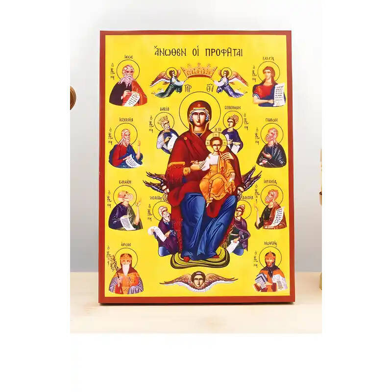 Εικόνα Ορθοδοξίας με περίγραμμα χρυσό σε ξύλο Φλαμουρίας  με  βάση Η Παναγία με τον Ιησού τους Προφήτες από πάνω, Ξύλινη Χειροποίητη Εικόνα Ελληνικού Premium Βυζαντινού Στυλ τοίχου Κρεμασμένη σε ξύλινη πλάκα Θρησκευτικό Χειροποίητη Ελληνορθόδοξη εικόνα το