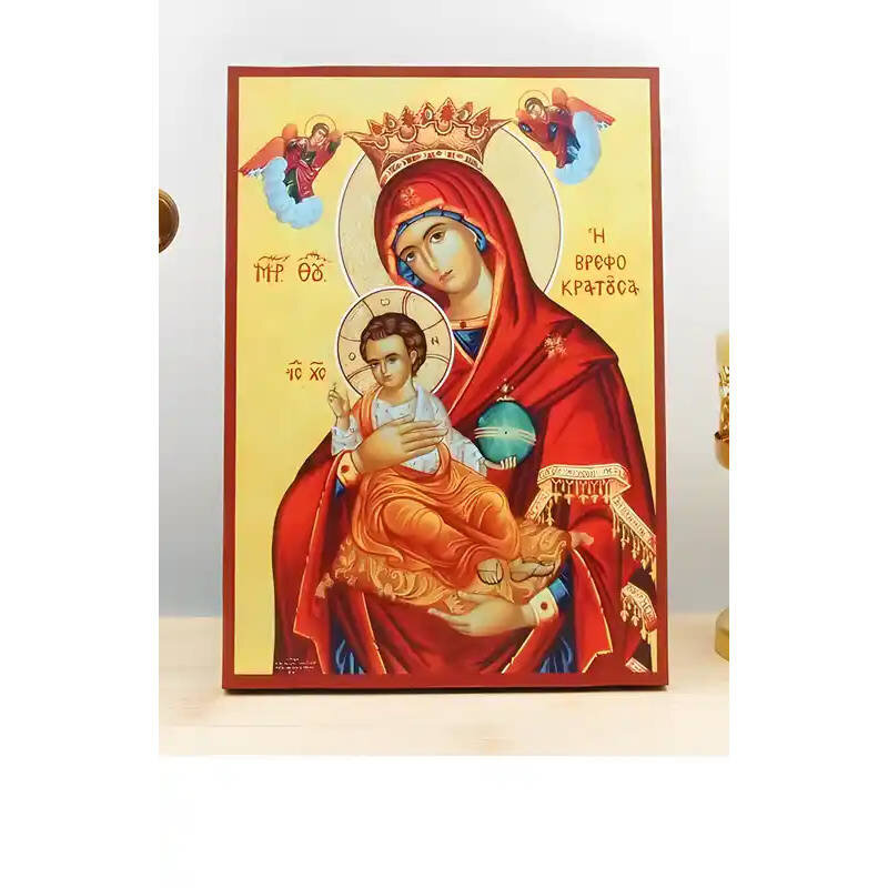 Εικόνα Ορθοδοξίας με περίγραμμα χρυσό σε ξύλο Φλαμουρίας  με  βάση Η Παναγία Βρεφοκρατούσα «Βρεφοκρατούσα» με τον Ιησού, Ξύλινη Χειροποίητη Εικόνα Ελληνικής Ακριβούς Βυζαντινής τεχνοτροπίας Κρεμασμένη σε ξύλινη πλάκα Χειροποίητη Ελληνορθόδοξη εικόνα του Ι