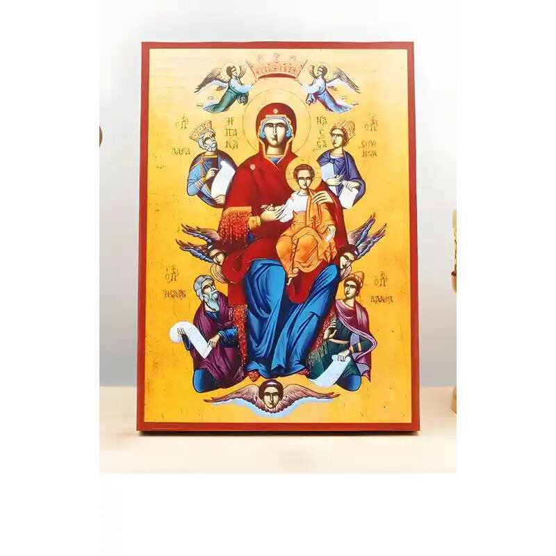 Εικόνα Ορθοδοξίας με περίγραμμα χρυσό σε ξύλο Φλαμουρίας  με  βάση Παναγία Ένθρονη Βασίλισσα του Σύμπαντος «Παντάνασα» με τον Ιησού, Ξύλινη Χειροποίητη Εικόνα Ελληνικής Βυζαντινής Στυλ Κρεμάστρα Χειροποίητη Ελληνορθόδοξη εικόνα του Ιησού Χριστού, Κρεμαστή