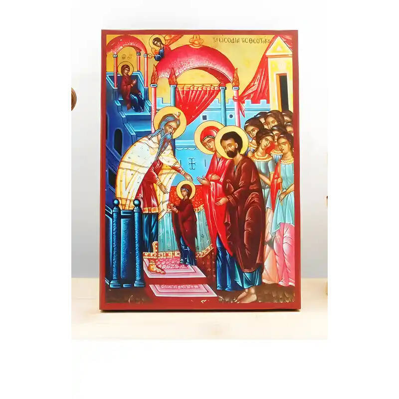 Εικόνα Ορθοδοξίας με περίγραμμα χρυσό σε ξύλο Φλαμουρίας  με  βάση Η είσοδος της Παναγίας στο Ναό, Ξύλινη Χειροποίητη Εικόνα Ελληνικού Premium Βυζαντινού Στυλ Κρεμαστή σε Ξυλόπλακα Θρησκευτικό Θέμα Χειροποίητη Ελληνορθόδοξη εικόνα του Ιησού Χριστού, Κρεμα