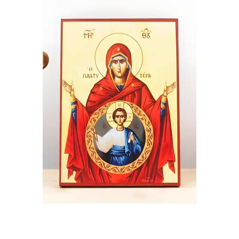 Εικόνα Ορθοδοξίας με περίγραμμα χρυσό σε ξύλο Φλαμουρίας  με  βάση Παναγία με τον Ιησού Πιο ευρύχωρο κι από τους ουρανούς «Πλατυτέρα», Ξύλινη Χειροποίητη Εικόνα Ελληνικής Βυζαντινής Στυλ Κρεμαστή σε τοίχο Χειροποίητη Ελληνορθόδοξη εικόνα του Ιησού Χριστού