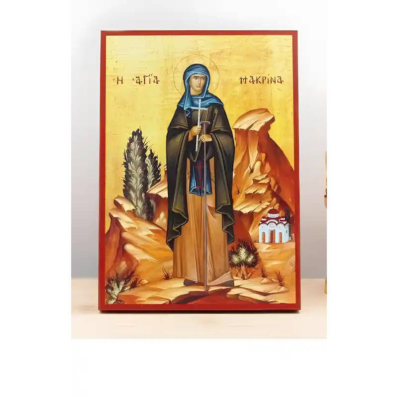 Εικόνα Ορθοδοξίας με περίγραμμα χρυσό σε ξύλο Φλαμουρίας  με  βάση Η Αγία Μακρίνα η Νεότερη, Ξύλινη Χειροποίητη Εικόνα Ελληνικού Premium Βυζαντινού Στυλ Κρεμασμένη σε ξύλινη πλάκα Χειροποίητη Ελληνορθόδοξη εικόνα του Ιησού Χριστού, Κρεμαστή πλάκα βυζαντιν