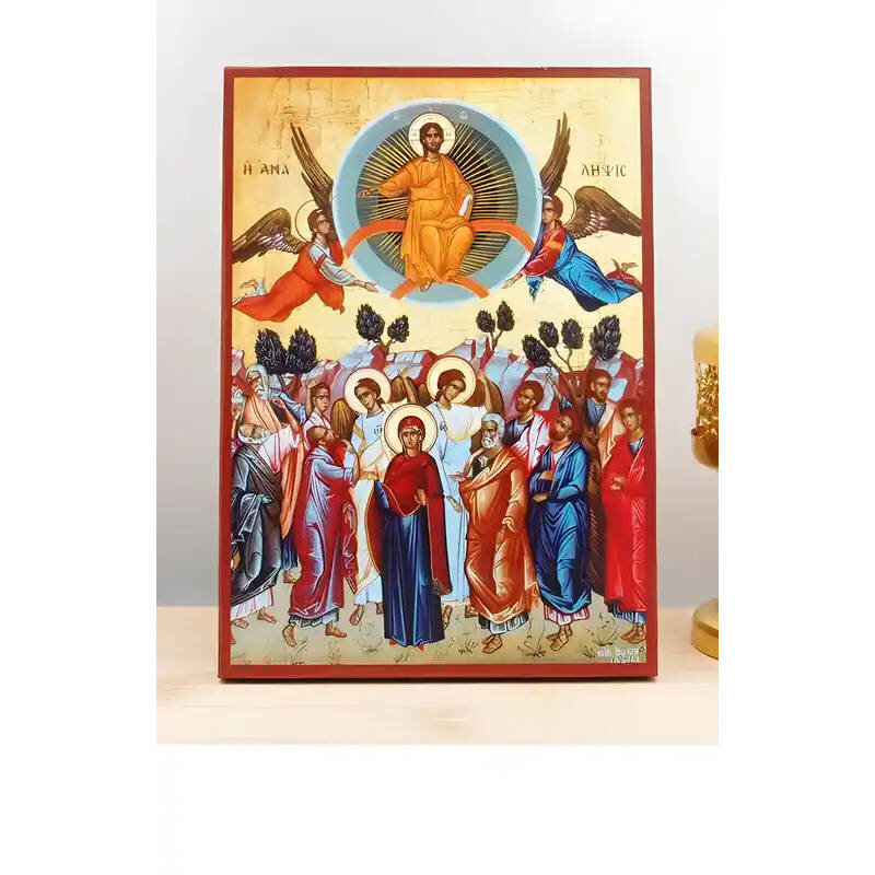 Εικόνα Ορθοδοξίας με περίγραμμα χρυσό σε ξύλο Φλαμουρίας  με  βάση Η Ανάληψη του Ιησού Χριστού στον Ουρανό, Ξύλινη Χειροποίητη Εικόνα Ελληνικού Premium Βυζαντινού Στυλ Κρεμασμένο σε ξύλινη πλάκα Θρησκευτικό θέμα Χειροποίητη Ελληνορθόδοξη εικόνα του Ιησού