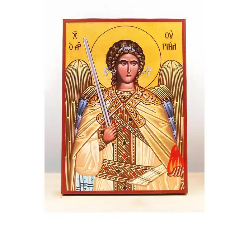 Εικόνα Ορθοδοξίας με περίγραμμα χρυσό σε ξύλο Φλαμουρίας  με  βάση Αρχάγγελος Ουριήλ, Ξύλινη Χειροποίητη Εικόνα Ελληνικού Premium Βυζαντινού Στυλ Κρεμασμένο σε ξύλινη πλάκα Θρησκευτικό θέμα Χειροποίητη Ελληνορθόδοξη εικόνα του Ιησού Χριστού, Κρεμαστή πλάκ