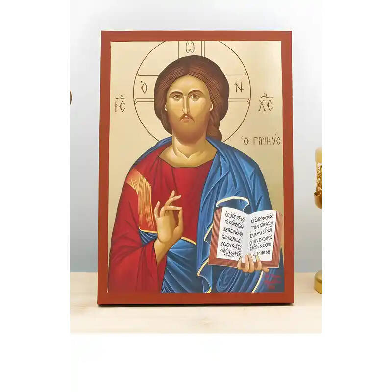 Εικόνα Ορθοδοξίας με περίγραμμα χρυσό σε ξύλο Φλαμουρίας  με  βάση Ο Ιησούς Χριστός Ευλογεί «το Γλυκό», Ξύλινη Χειροποίητη Εικόνα με Ψηφιακή Εκτύπωση Ελληνικό Premium Βυζαντινού Στυλ τοίχου Κρεμασμένο σε ξύλινη πλάκα Θρησκευτικό Χειροποίητη Ελληνορθόδοξη