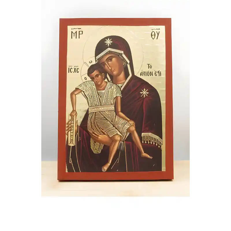 Εικόνα Ορθοδοξίας με περίγραμμα χρυσό σε ξύλο Φλαμουρίας  με  βάση Παναγία Άξιον Εστίν με τον Ιησού, Ξύλινη Χειροποίητη Εικόνα μεΨηφιακή Εκτύπωση Χαρακτική Ελληνικής Βυζαντινής τεχνοτροπίας Κρεμαστή σε ξύλινη πλάκα Χειροποίητη Ελληνορθόδοξη εικόνα του Ιησ