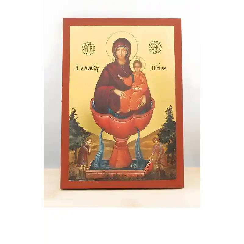 Εικόνα Ορθοδοξίας με περίγραμμα χρυσό σε ξύλο Φλαμουρίας  με  βάση Παναγία η Ζωοδόχος Πηγή με τον Ιησού, Ξύλινη Χειροποίητη Εικόνα με Ψηφιακή Εκτύπωση Ελληνικό Premium Βυζαντινού Στυλ Κρεμαστό τοίχου Θρησκευτικά Χειροποίητη Ελληνορθόδοξη εικόνα του Ιησού