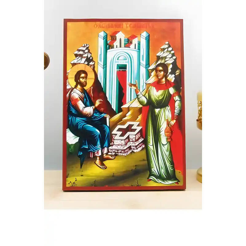 Εικόνα Ορθοδοξίας με περίγραμμα χρυσό σε ξύλο Φλαμουρίας  με  βάση Ο Ιησούς Χριστός μιλά με Σαμαρείτισσα, Ξύλινη Χειροποίητη Εικόνα Ελληνικού Βυζαντινού Στυλ Κρεμασμένο σε ξύλινη πλάκα Ορθόδοξο Θρησκευτικό Θέμα Χειροποίητη Ελληνορθόδοξη εικόνα του Ιησού Χ