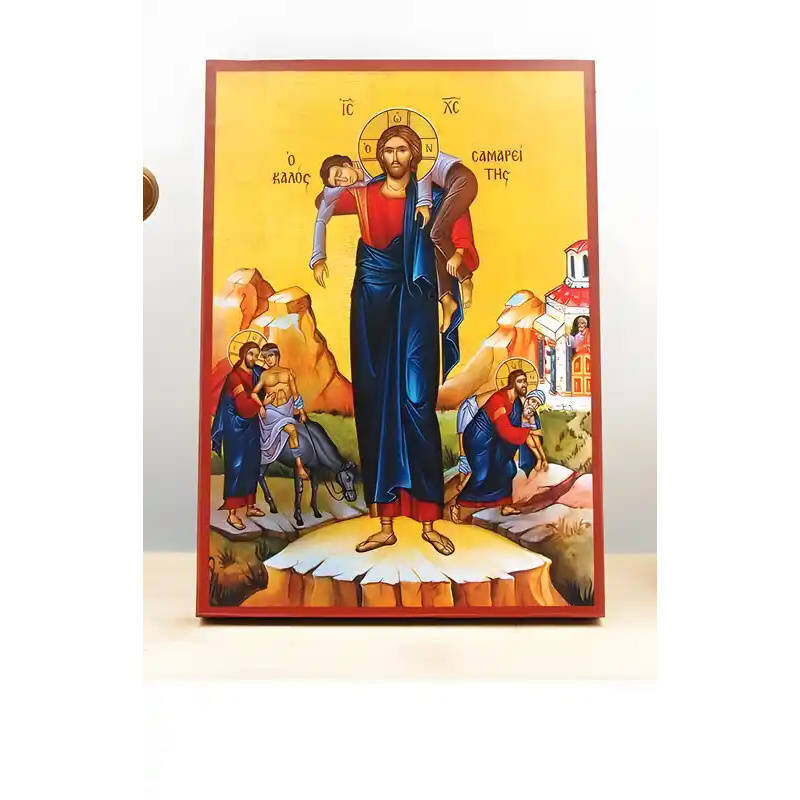 Εικόνα Ορθοδοξίας με περίγραμμα χρυσό σε ξύλο Φλαμουρίας  με  βάση Παράσταση Ιησούς Χριστός ο Καλός Σαμαρείτης, Ξύλινη Χειροποίητη Εικόνα Ελληνικού Βυζαντινού Στυλ Κρεμαστή σε ξύλινη πλάκα Θρησκευτικό Χειροποίητη Ελληνορθόδοξη εικόνα του Ιησού Χριστού, Κρ