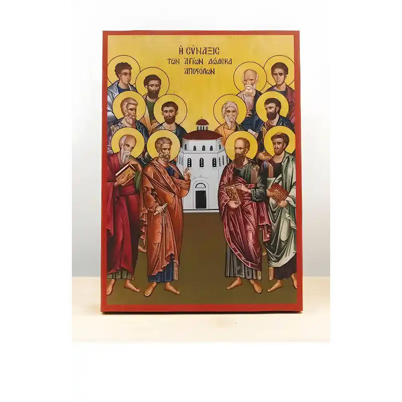 Εικόνα Ορθοδοξίας με περίγραμμα χρυσό σε ξύλο Φλαμουρίας  με  βάση Σύναξη των Δώδεκα Αποστόλων, Ξύλινη Χειροποίητη Εικόνα Ελληνικού Premium Βυζαντινού Στυλ Κρεμασμένο σε ξύλινη πλάκα Θρησκευτικό θέμα Χειροποίητη Ελληνορθόδοξη εικόνα του Ιησού Χριστού, Κρε