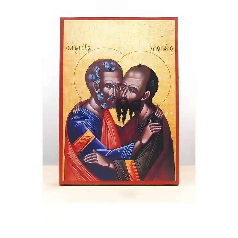 Εικόνα Ορθοδοξίας με περίγραμμα χρυσό σε ξύλο Φλαμουρίας  με  βάση Άγιοι Απόστολοι Παύλος και Πέτρος αγκαλιάζονται μεταξύ τους, Ξύλινη Χειροποίητη Εικόνα Ελληνικού Βυζαντινού Στυλ τοίχου που κρέμεται σε ξύλινη πλάκα Θρησκευτικό Χειροποίητη Ελληνορθόδοξη ε