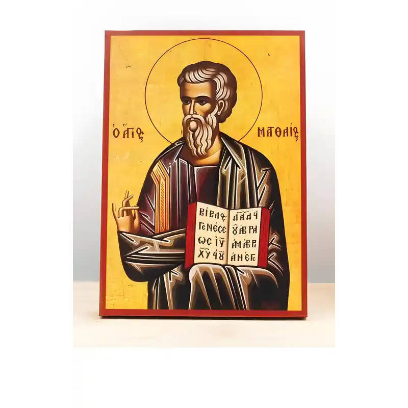 Εικόνα Ορθοδοξίας με περίγραμμα χρυσό σε ξύλο Φλαμουρίας  με  βάση Άγιος Απόστολος Ματθαίος ο Ευαγγελιστής, Ξύλινη Χειροποίητη Εικόνα Ελληνικής Κορυφαίας Βυζαντινής Στυλ Κρεμαστή σε ξύλινη πλάκα Θρησκευτικό θέμα Χειροποίητη Ελληνορθόδοξη εικόνα του Ιησού
