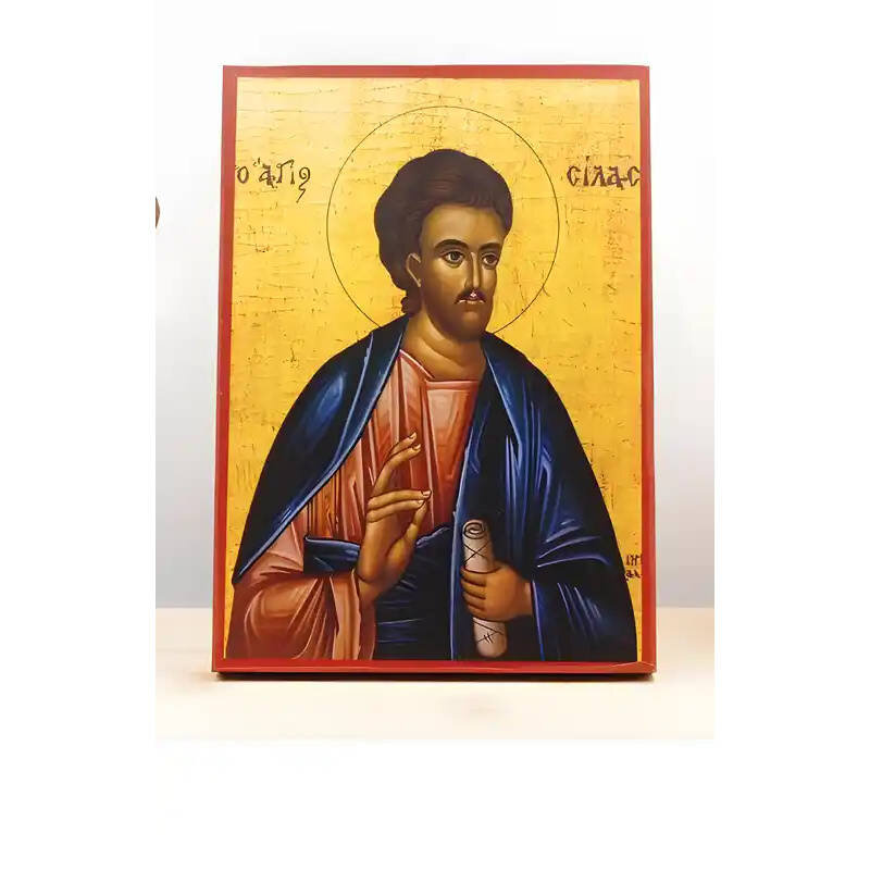 Εικόνα Ορθοδοξίας με περίγραμμα χρυσό σε ξύλο Φλαμουρίας  με  βάση Άγιος Απόστολος Σίλας «Σιλβανός», Ξύλινη Χειροποίητη Εικόνα Ελληνικού Βυζαντινού Στυλ Κρεμαστή σε Ξύλινη Πλάκα Θρησκευτικό Θέμα Χειροποίητη Ελληνορθόδοξη εικόνα του Ιησού Χριστού, Κρεμαστή