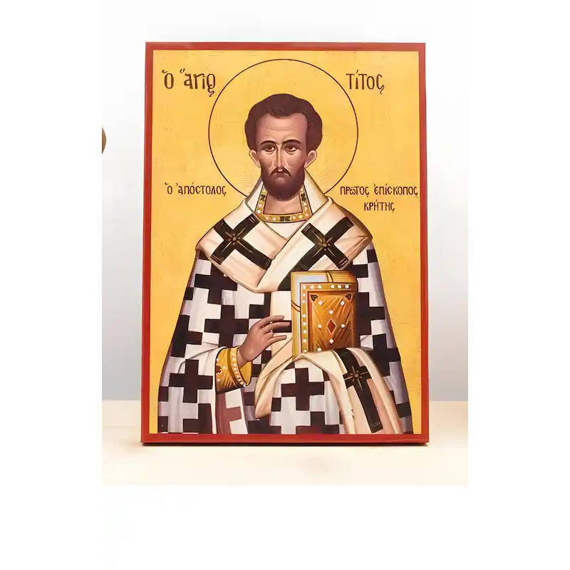 Εικόνα Ορθοδοξίας με περίγραμμα χρυσό σε ξύλο Φλαμουρίας  με  βάση Άγιος Απόστολος Τίτος πρώτος Επίσκοπος Κρήτης, Ξύλινη Χειροποίητη Εικόνα Ελληνικής Κορυφαίας Βυζαντινής Στυλ Κρεμαστή σε ξύλινη πλάκα Θρησκευτικό θέμα Χειροποίητη Ελληνορθόδοξη εικόνα του