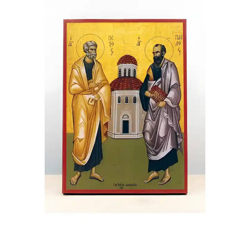 Εικόνα Ορθοδοξίας με περίγραμμα χρυσό σε ξύλο Φλαμουρίας  με  βάση Οι Άγιοι Απόστολοι Παύλος και Πέτρος με Εκκλησία, Ξύλινη Χειροποίητη Εικόνα Ελληνικού Βυζαντινού Στυλ Κρεμασμένο σε ξύλινη πλάκα Θρησκευτικό θέμα Χειροποίητη Ελληνορθόδοξη εικόνα του Ιησού