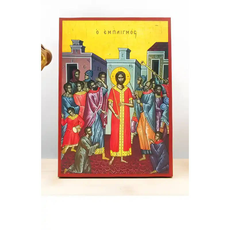 Εικόνα Ορθοδοξίας με περίγραμμα χρυσό σε ξύλο Φλαμουρίας  με  βάση Η κοροϊδία του Ιησού Χριστού, Ξύλινη Χειροποίητη Εικόνα Ελληνικού Premium Βυζαντινού Στυλ Κρεμασμένο σε ξύλινη πλάκα Ορθόδοξο Θρησκευτικό Θέμα Χειροποίητη Ελληνορθόδοξη εικόνα του Ιησού Χρ