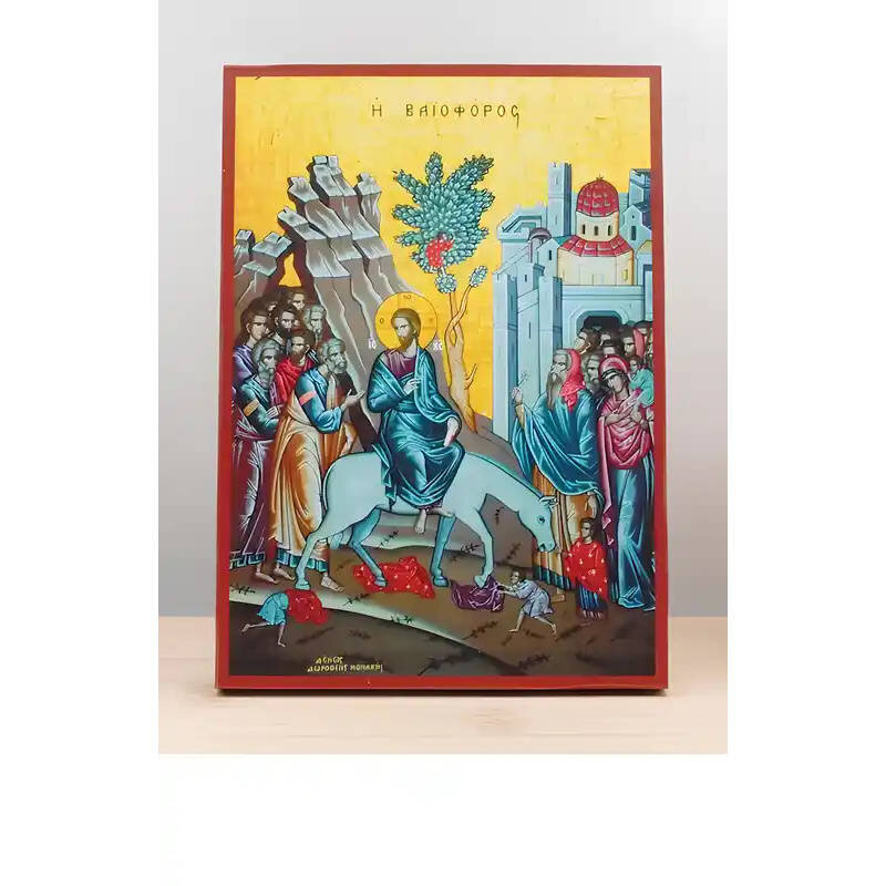 Εικόνα Ορθοδοξίας με περίγραμμα χρυσό σε ξύλο Φλαμουρίας  με  βάση Ιησούς Χριστός η Είσοδος στην Ιερουσαλήμ «Βαϊοφόρος», Ξύλινη Χειροποίητη Εικόνα Ελληνικής Premium Βυζαντινού Στυλ τοίχου Κρεμασμένη σε Ξύλινη Πλάκα Θρησκευτικό Χειροποίητη Ελληνορθόδοξη ει